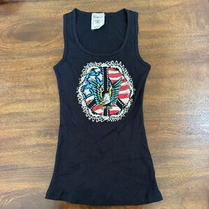 Vocal Tank Top Made in US Rhinestone Eagle Wings Black Y2K Biker Moto Women L